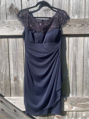 Xscape Navy Beaded Illusion-Neck Midi Dress Sz 10